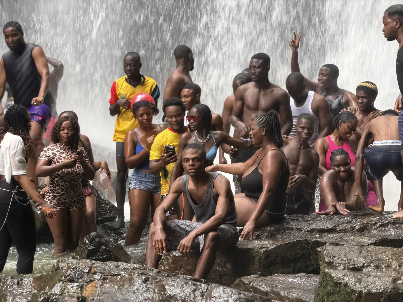More than 50 Adventures of Life travellers at Oboadaka Waterfall